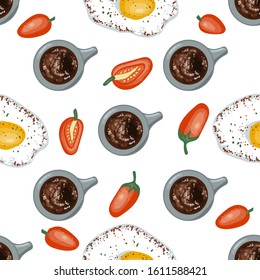 Red cherry tomatoes, fried eggs with pepper and black coffee. Healthy wholesome food. Seamless vector pattern on a white background.
