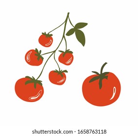rote Kirschtomaten auf einem Ast, einzelne Vektorillustration auf weißem Hintergrund. Illustration für den Druck auf Küchenutensilien, Becher, Verpackungen, Taschen.
