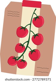 Red Cherry Tomatoes Packaging Vector Illustration – Isolated Organic Vegetable Seed Bag with Fresh Tomato Branch, Eco Food Design.