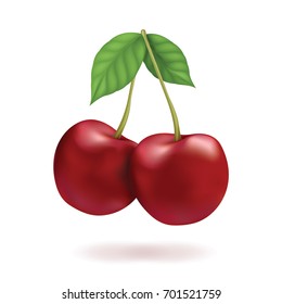 Red cherry, two berries with leaves. Vector cherry on a white background.