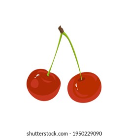 Red cherry. Two berries on a branch. Ripe and juicy fruits with bone. Isolated icon on white background. Vector