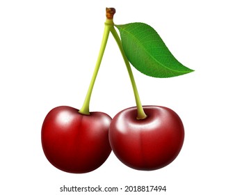 Cereza roja. Dos bayas maduras con tallo y una hoja. Ilustración vectorial realista aislada en fondo blanco. Frutas dulces. 3d iconos vectoriales establecidos para el sitio web de recetas, diseño y negocios