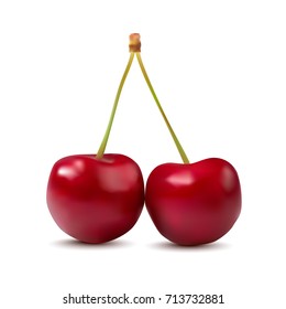 Red cherry. Two ripe berries with stalk. Sweet fruits. Cherries isolated on white background.