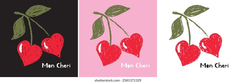 Red cherry vector art with slogan on pink ground. Set of 3. Cute Sketchy heart shaped cherries with green stem on black ground. For t shirt design, greeting card. Sweet fruit pretty illustration. 