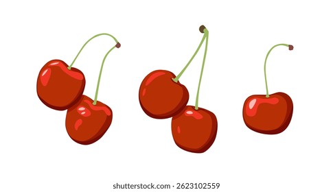 Red cherry vector illustration. Cherry with stem modern cartoon illustration in 3D style. Fruit, food icon. Fresh ripe red cherries