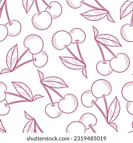 Red cherry vector line art pattern won white background, seamless repeating wallpaper