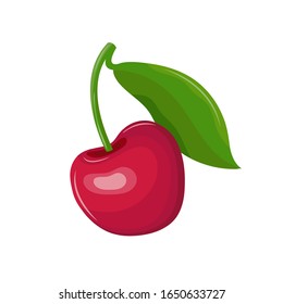 Red cherry in a vector on a white background. Garden berry with a leaf on the stem. Sweet fruit. Berry icon. Hand drawn vector illustration.