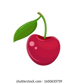Red cherry in a vector on a white background. Garden berry with a leaf on the stem. Sweet fruit. Berry icon. Hand drawn vector illustration.
