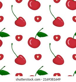 Red cherry vegan berry vector flat seamless pattern. Tasty summer fruits and berries element. Cherry taste. Colorful flat style cartoon berry wallpaper. Eco food. Vegetarian sweet berry