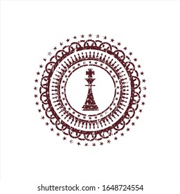 Red chess king icon inside distress rubber seal with grunge texture