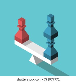 Red chess pawn against two blue ones on seesaw weight scale. Leadership, success and uniqueness concept. Flat design. Vector illustration, no transparency, no gradients