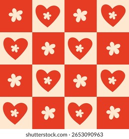 Red Chessboard Seamless Pattern with Heart and Flower Shape. Romantic checkerboard retro background with hand drawn love symbols and silhouettes. Repeat vector illustration