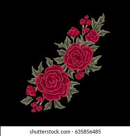 Red chic roses. Embroidery. Vector flowers.