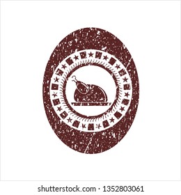 Red chicken dish icon inside distressed rubber grunge stamp