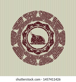 Red chicken dish icon inside distress with rubber seal texture