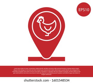 Red Chicken farm and location icon isolated on white background.  Vector Illustration