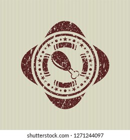 Red chicken leg icon inside rubber stamp with grunge texture