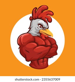 Red Chicken Muscle Mascot Character Cartoon illustration Vector
