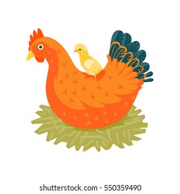 Red chicken in nest with a yellow chick  vector illustration cartoon style