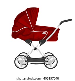 red child pram, baby carriage or stroller isolated on white background