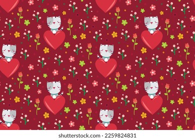 Patrón infantil rojo sin costura con gato de dibujos animados de una mano linda, corazón y flores