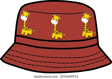 Red Children's Bucket Hat with a pattern of 3 Cute Giraffes