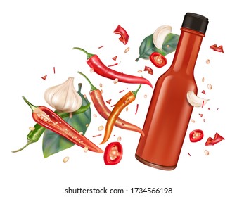 Red chili bottle mock up with chili, garlic splashing elements on solid color background. Vector realistic in 3D illustration.