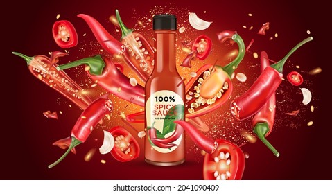 Red chili bottle mock up with chili, garlic splashing elements on solid color background. Vector realistic in 3D illustration.