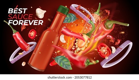 Red chili bottle mock up with chili, garlic splashing elements on solid color background. Vector realistic in 3D illustration.