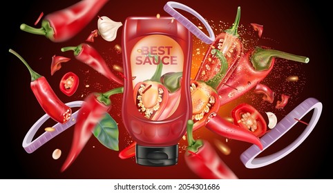 Red chili bottle mock up with chili, garlic splashing elements on solid color background. Vector realistic in 3D illustration.