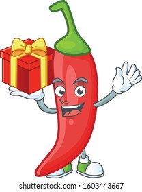 Red chili cartoon character with a box of gift