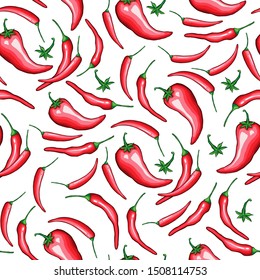 Red chili cartoon seamless pattern  Hot chilli peppers doodle texture  Cinco de Mayo  hand drawn  Mexican restaurant holiday background  Spicy vegetable wrapping paper vector fill