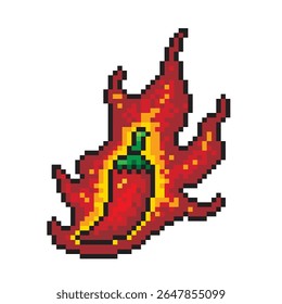 Rote Chilischoten in Flammen, Pixelstil, auf weißem Hintergrund.