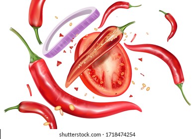 Red chili flying with chili splashing elements ads isolated on white background. Vector realistic in 3D illustration.