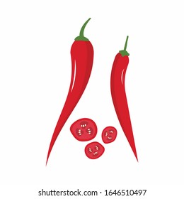 Red Chili and half cut view from inside chili with white background.