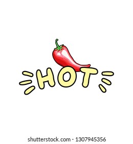 Red chili hand drawn color illustration. Chilli pepper cartoon isolated clipart. Hot stylized beige lettering. Spicy vegetable outline drawing. Mexican food greeting card, poster flat design element