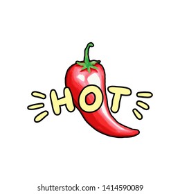 Red chili hand drawn color illustration. Chilli pepper cartoon isolated clipart. Hot stylized beige lettering. Spicy vegetable outline drawing. Mexican food greeting card, poster flat design element