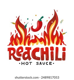 Red Chili Hot Sauce. Flat illustration spicy chili pepper in flame fire.