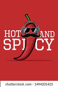 red chili hot sauce spicy cool character. Chilies character chilling with headphones and music