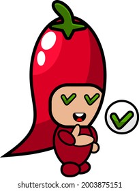 red chili mascot costume character cartoon vector with correct sign