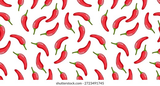 Red Chili Pattern Background. Chili Seamless Pattern. Doodle Chili Background.