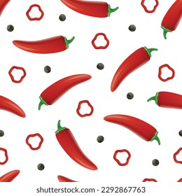 Red chili pepper and black pepper seamless pattern in 3d style, vector illustration on white background. Spicy condiments and food seasoning. Fresh cayenne pepper.
