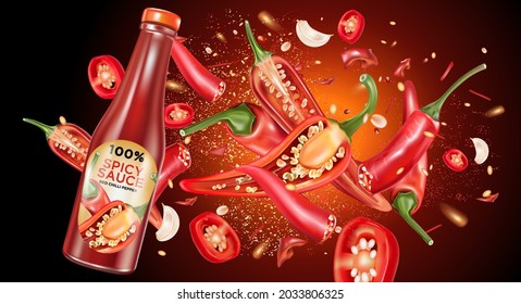 Red chili pepper with bottle mock up chili splashing elements ads isolated on solid color background, Vector realistic in 3D illustration.