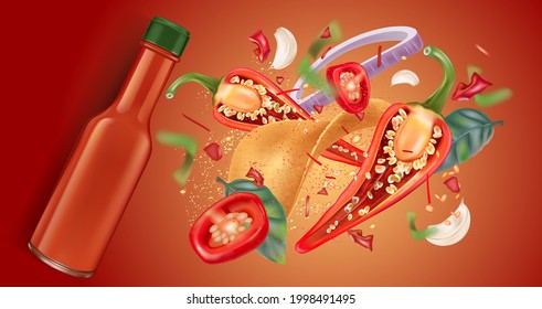 Red chili pepper bottle sauce with chili slice splashing elements isolated on solid color background, Vector realistic in 3D illustration.
