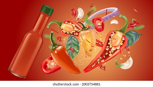 Red chili pepper bottle sauce with chili splashing elements isolated on dark color background, Vector realistic in 3D illustration.