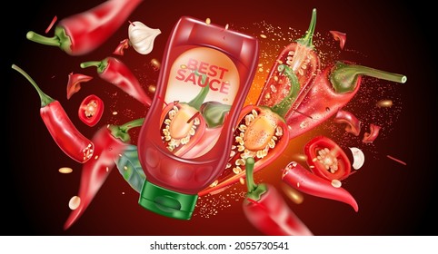 Red chili pepper bottle sauce with chili splashing elements isolated on dark color background, Vector realistic in 3D illustration.