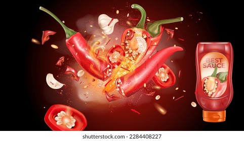 Red chili pepper bottle sauce with chili powder splashing elements on Fire in dark color background, Vector realistic in 3D illustration.