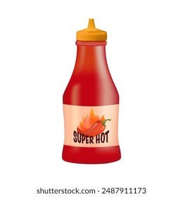 Red chili pepper bottle sauce isolated on white color background. Hot spicy level sauce of jalapeno, chili, cayenne pepper. Spicy food or sauce taste. Vector realistic cartoon in 3D illustration.