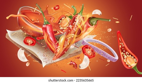 Red chili pepper bowl sauce with chili splashing elements on fire in dark color background, Vector realistic in 3D illustration.