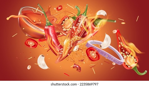 Red chili pepper bowl sauce with chili splashing elements on Fire in dark color background, Vector realistic in 3D illustration. svg
